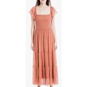 Max Studio Smocked Tiered Tulle Maxi Dress Womens Large Pink Boho Fairy Peasant